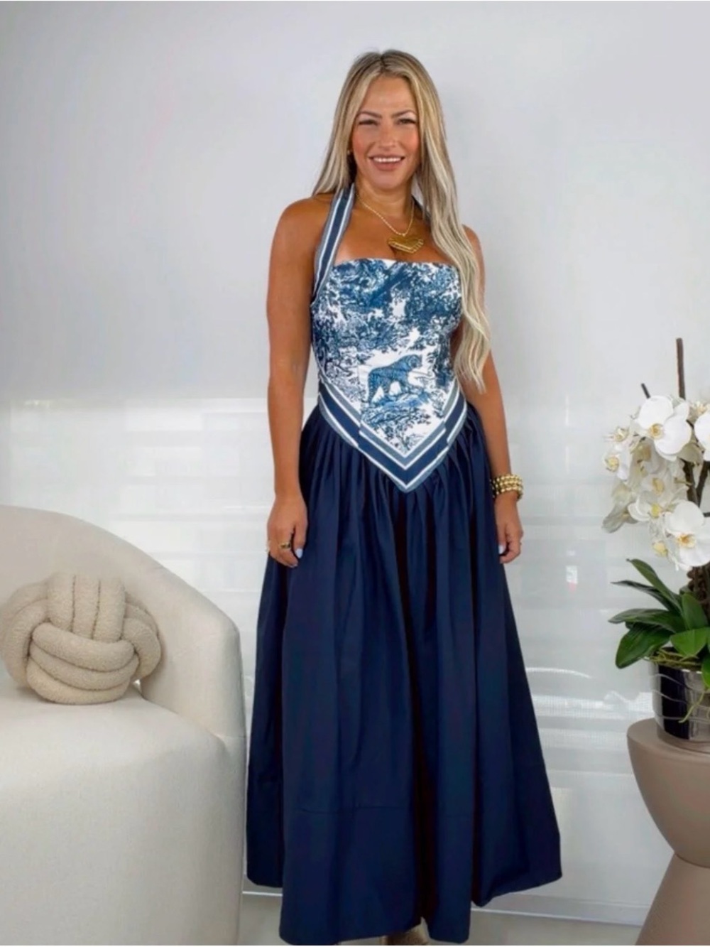 Blue Halter Maxi Dress with Scenic Print